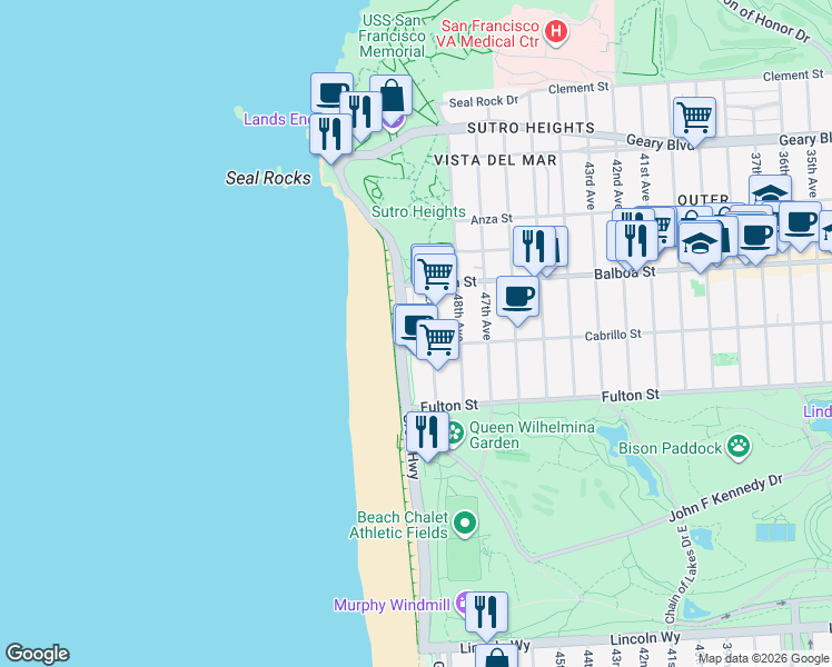 map of restaurants, bars, coffee shops, grocery stores, and more near 800 Great Highway in San Francisco