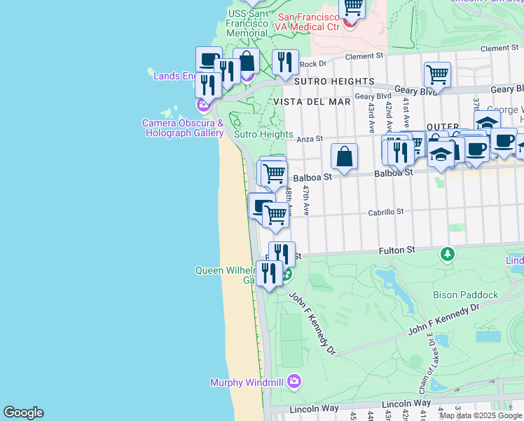 map of restaurants, bars, coffee shops, grocery stores, and more near 782 Great Highway in San Francisco