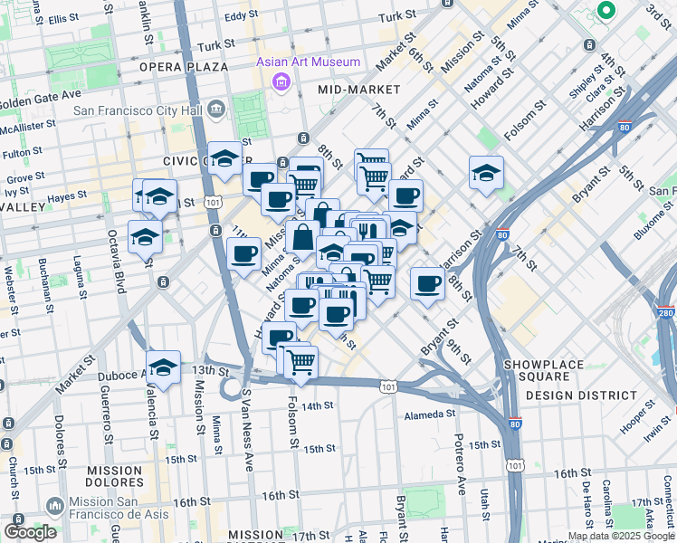 map of restaurants, bars, coffee shops, grocery stores, and more near 241 10th Street in San Francisco