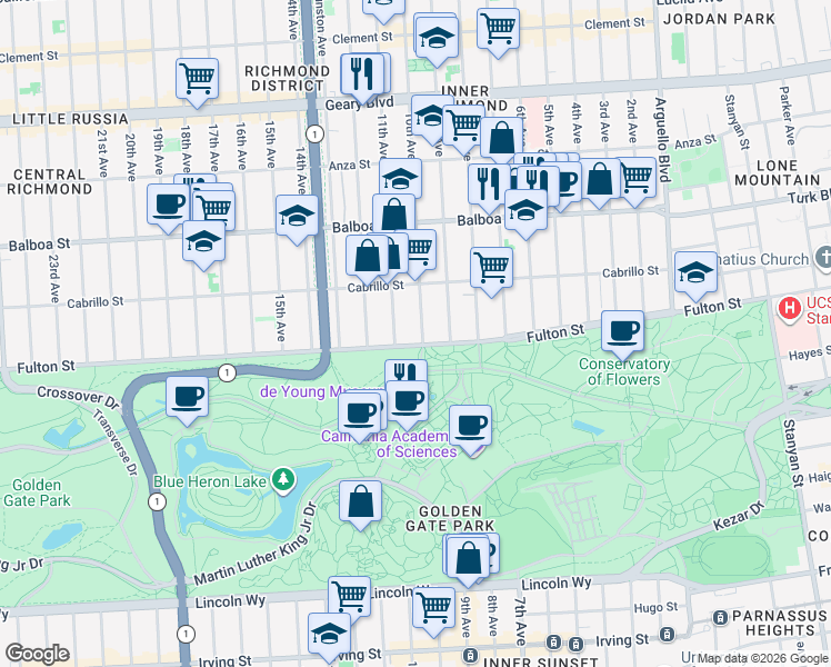 map of restaurants, bars, coffee shops, grocery stores, and more near 3436 Fulton Street in San Francisco
