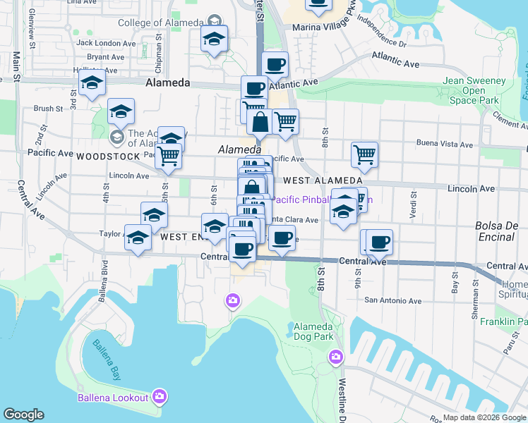 map of restaurants, bars, coffee shops, grocery stores, and more near 705 Santa Clara Avenue in Alameda