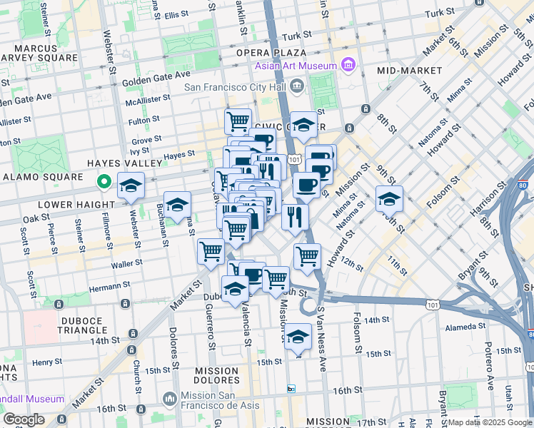 map of restaurants, bars, coffee shops, grocery stores, and more near 1 Brady Street in San Francisco