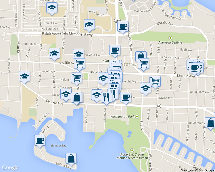 map of restaurants, bars, coffee shops, grocery stores, and more near 629 Santa Clara Avenue in Alameda