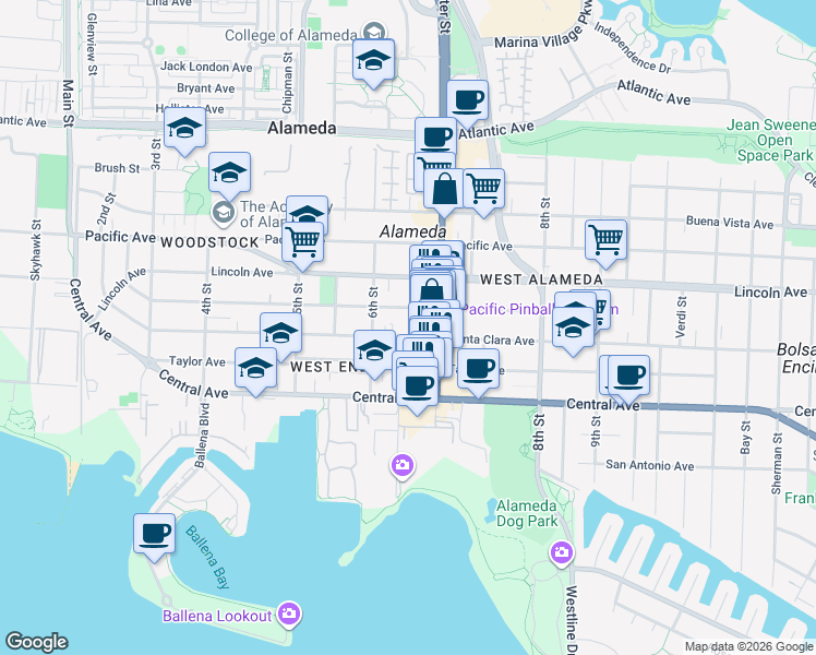 map of restaurants, bars, coffee shops, grocery stores, and more near 629 Santa Clara Avenue in Alameda