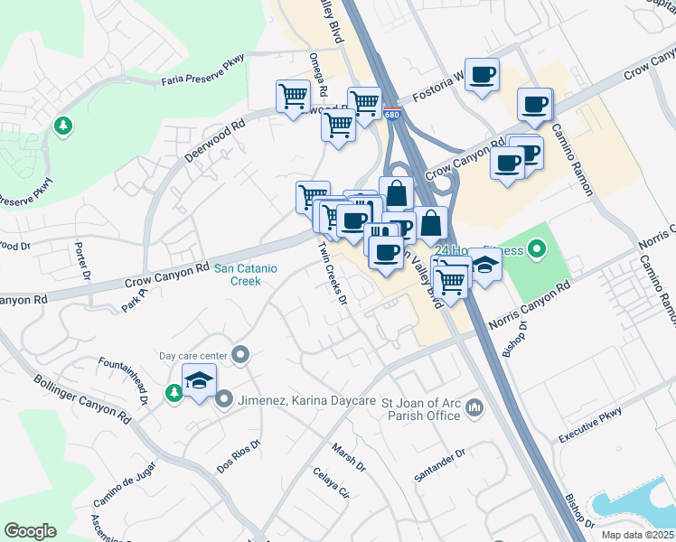 map of restaurants, bars, coffee shops, grocery stores, and more near 212 Compton Circle in San Ramon