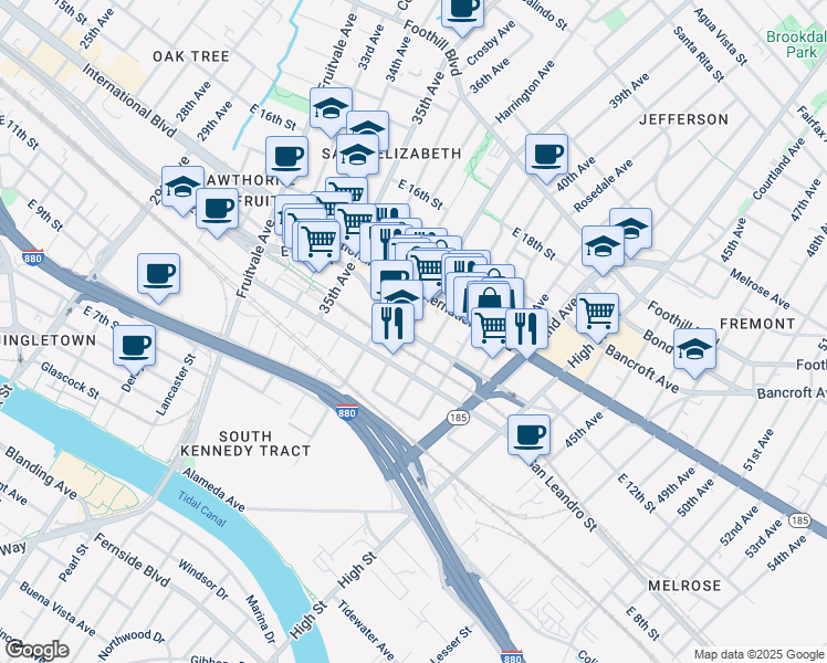 map of restaurants, bars, coffee shops, grocery stores, and more near 3804 East 12th Street in Oakland