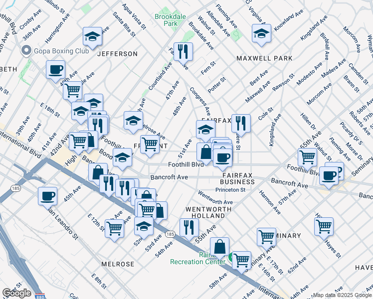 map of restaurants, bars, coffee shops, grocery stores, and more near 5152 Foothill Boulevard in Oakland