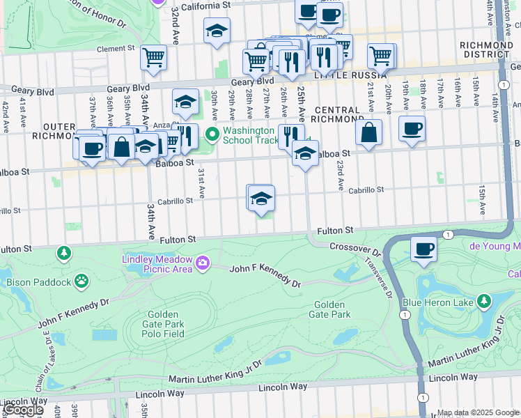 map of restaurants, bars, coffee shops, grocery stores, and more near 830 28th Avenue in San Francisco