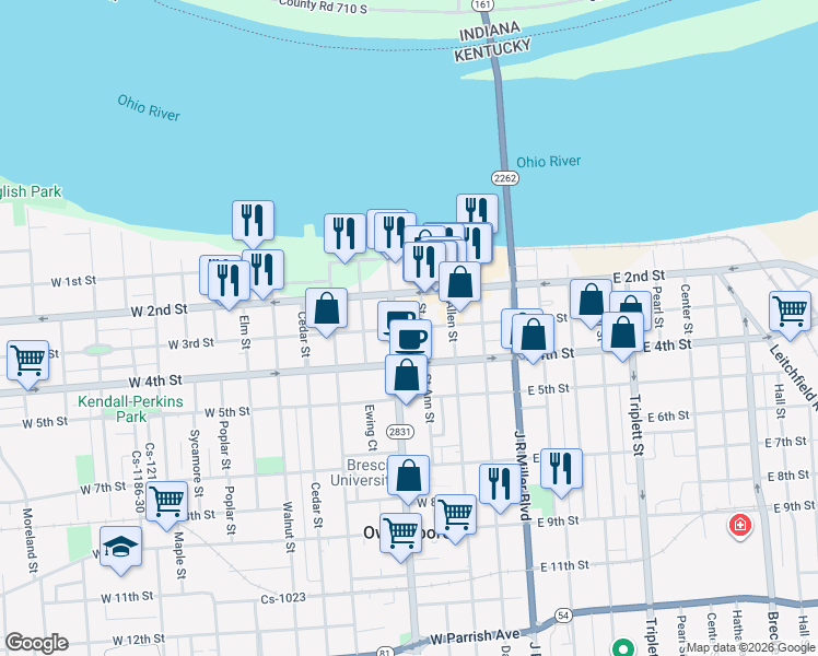 map of restaurants, bars, coffee shops, grocery stores, and more near 265 West 3rd Street in Owensboro