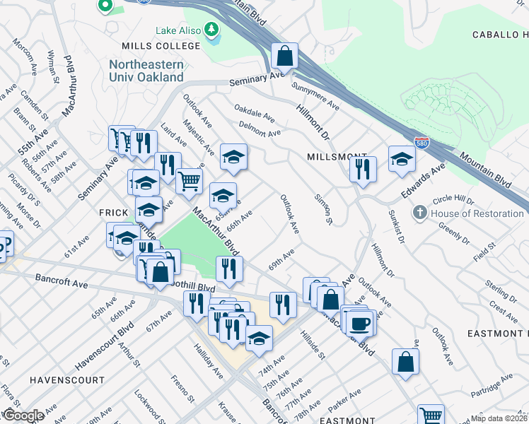 map of restaurants, bars, coffee shops, grocery stores, and more near 6712 Laird Avenue in Oakland