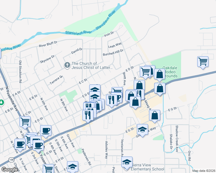 map of restaurants, bars, coffee shops, grocery stores, and more near 245 Appaloosa Avenue in Oakdale