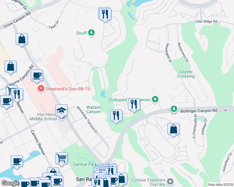 map of restaurants, bars, coffee shops, grocery stores, and more near 113 Sapphire Court in San Ramon