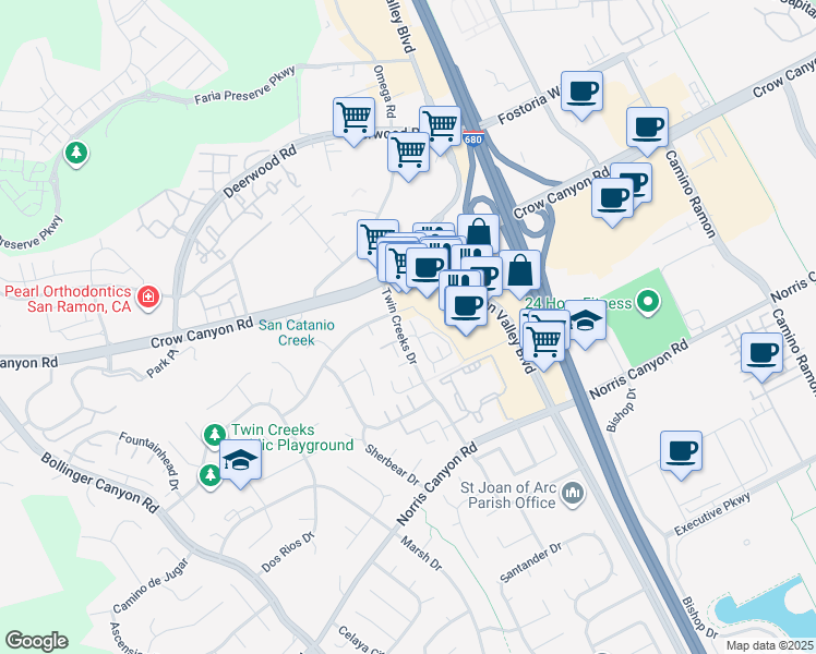 map of restaurants, bars, coffee shops, grocery stores, and more near 101 Compton Circle in San Ramon