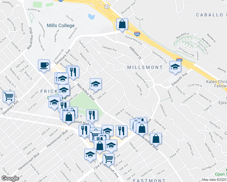 map of restaurants, bars, coffee shops, grocery stores, and more near 6712 Laird Avenue in Oakland