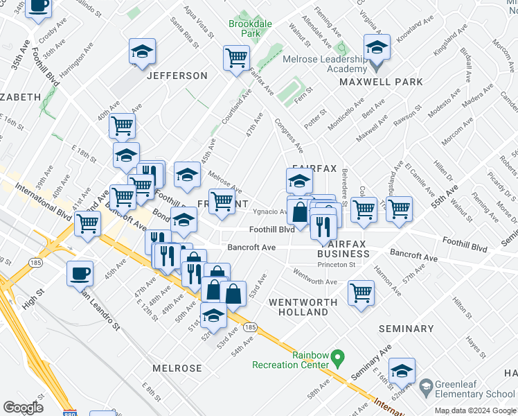 map of restaurants, bars, coffee shops, grocery stores, and more near 1909 51st Avenue in Oakland