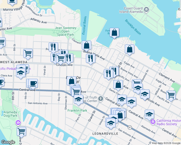 map of restaurants, bars, coffee shops, grocery stores, and more near 1537 Santa Clara Avenue in Alameda