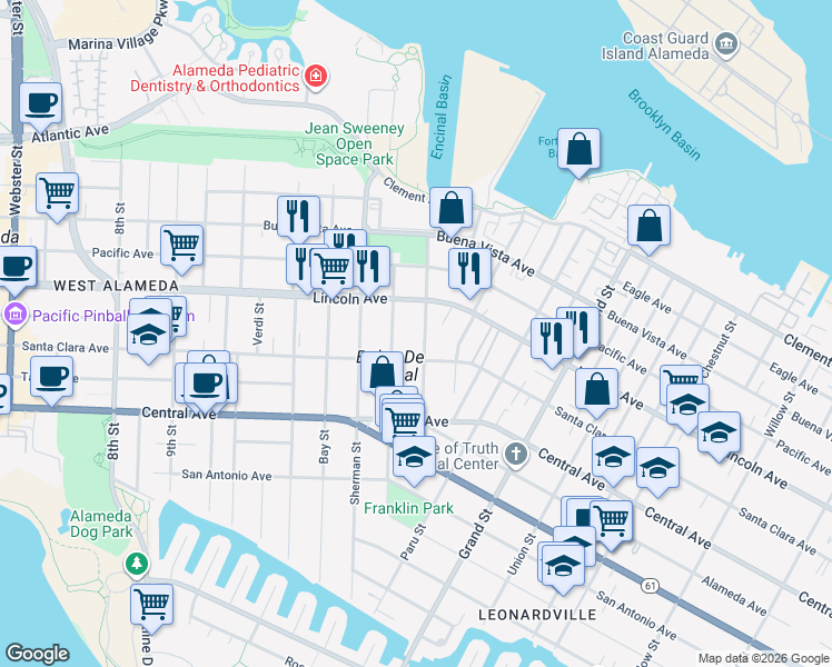 map of restaurants, bars, coffee shops, grocery stores, and more near 1505 Santa Clara Avenue in Alameda