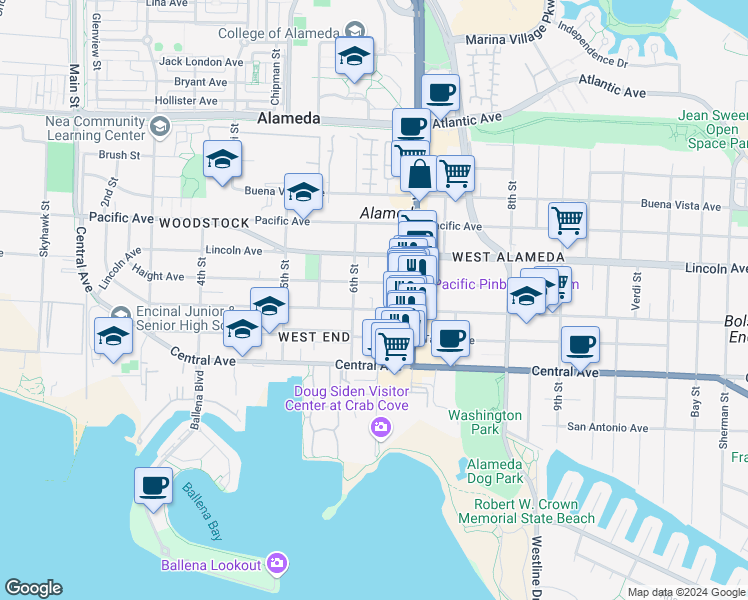 map of restaurants, bars, coffee shops, grocery stores, and more near 618 Santa Clara Avenue in Alameda