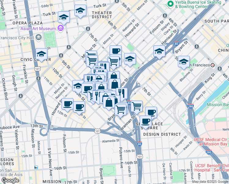 map of restaurants, bars, coffee shops, grocery stores, and more near 1226 Harrison Street in San Francisco