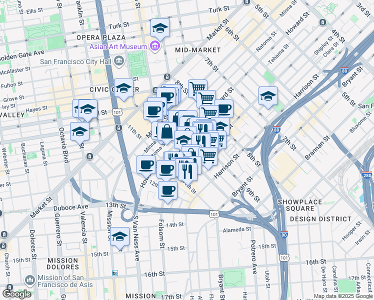 map of restaurants, bars, coffee shops, grocery stores, and more near 250 10th Street in San Francisco