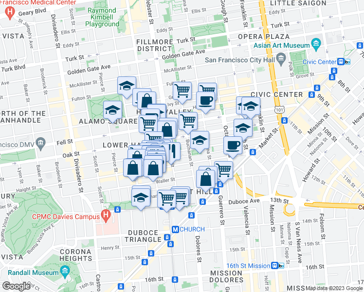 map of restaurants, bars, coffee shops, grocery stores, and more near 432 Rose Street in San Francisco