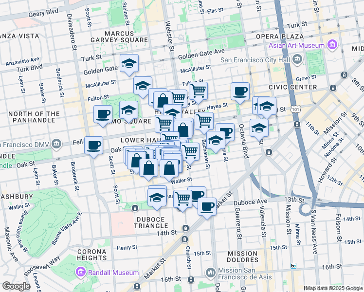 map of restaurants, bars, coffee shops, grocery stores, and more near 565 Page Street in San Francisco