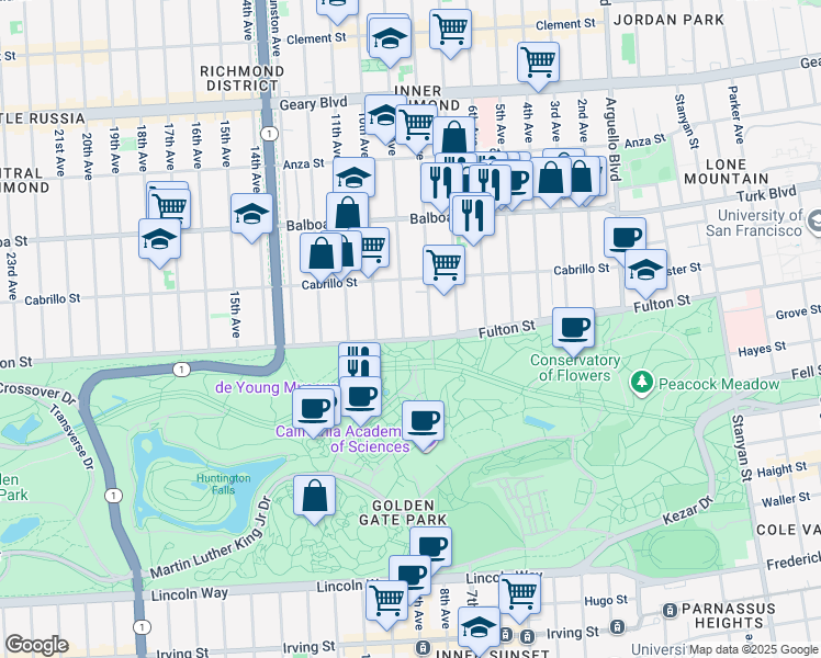 map of restaurants, bars, coffee shops, grocery stores, and more near 429 John F Kennedy Drive in San Francisco