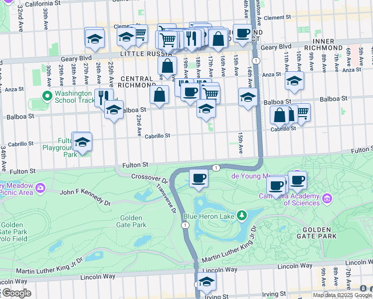map of restaurants, bars, coffee shops, grocery stores, and more near 797 19th Avenue in San Francisco