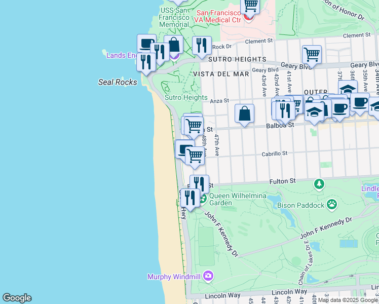 map of restaurants, bars, coffee shops, grocery stores, and more near 800 Great Highway in San Francisco
