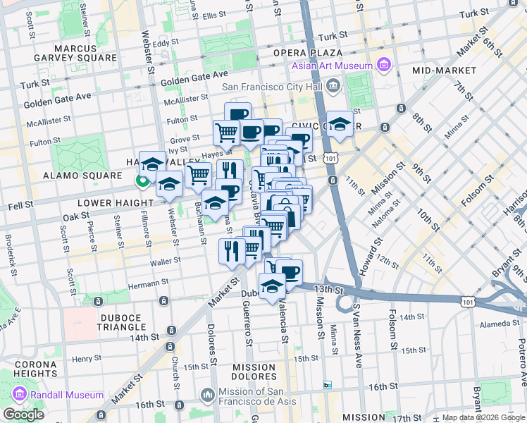 map of restaurants, bars, coffee shops, grocery stores, and more near 101 Octavia Street in San Francisco