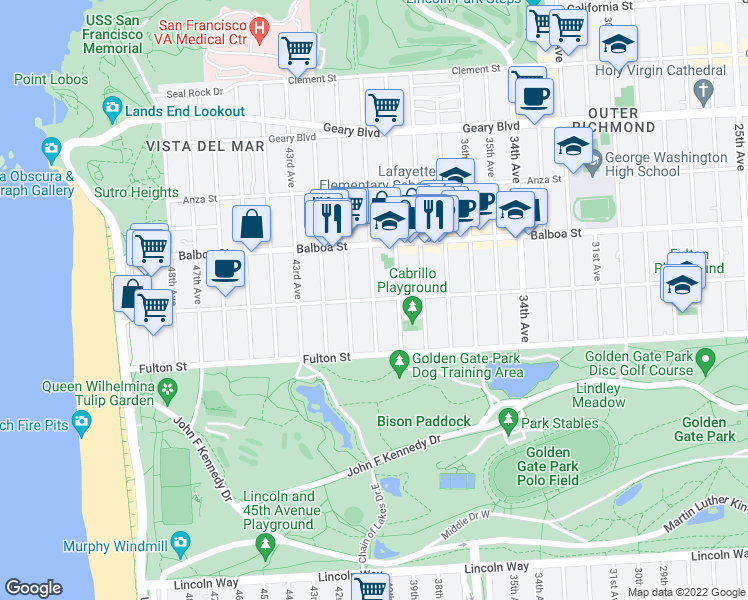 map of restaurants, bars, coffee shops, grocery stores, and more near 40th Avenue & San Francisco Bicycle Route 20 in San Francisco