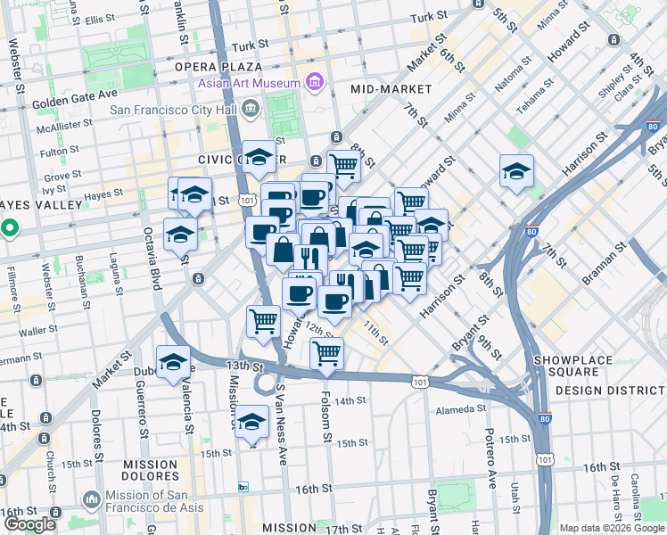 map of restaurants, bars, coffee shops, grocery stores, and more near 969 Natoma Street in San Francisco