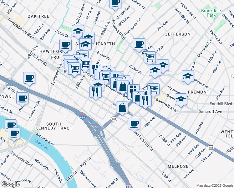 map of restaurants, bars, coffee shops, grocery stores, and more near 1214 40th Avenue in Oakland