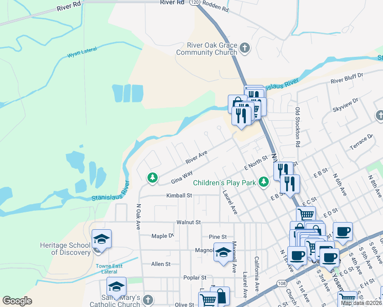 map of restaurants, bars, coffee shops, grocery stores, and more near 1066 Gina Way in Oakdale