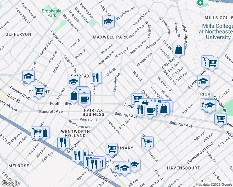 map of restaurants, bars, coffee shops, grocery stores, and more near 2416 Kingsland Avenue in Oakland