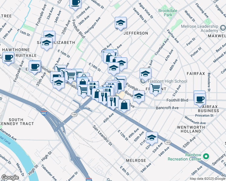 map of restaurants, bars, coffee shops, grocery stores, and more near 1627 High Street in Oakland