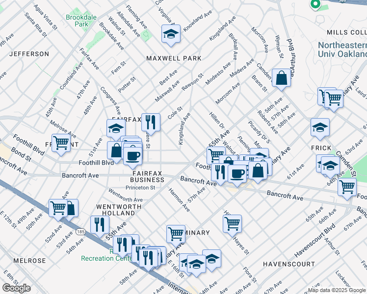 map of restaurants, bars, coffee shops, grocery stores, and more near 2416 Kingsland Avenue in Oakland