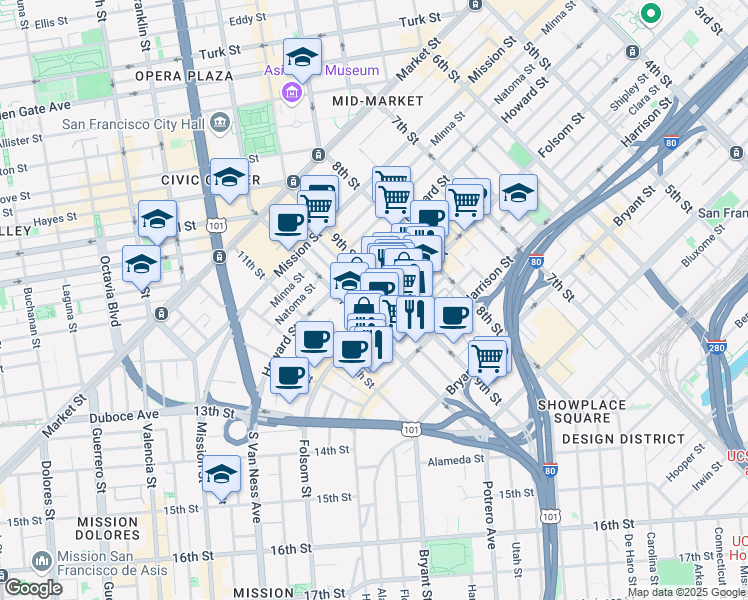 map of restaurants, bars, coffee shops, grocery stores, and more near 75 Dore Street in San Francisco