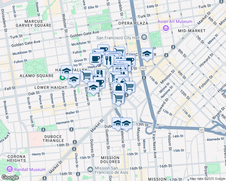 map of restaurants, bars, coffee shops, grocery stores, and more near 190 Lily Street in San Francisco
