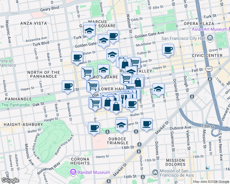 map of restaurants, bars, coffee shops, grocery stores, and more near Oak St & Steiner St in San Francisco
