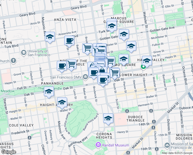 map of restaurants, bars, coffee shops, grocery stores, and more near 1263 Fell Street in San Francisco