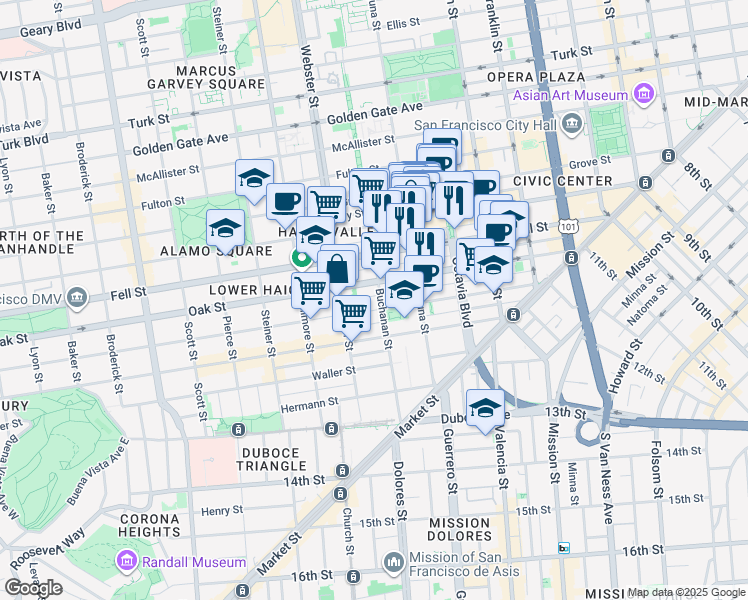 map of restaurants, bars, coffee shops, grocery stores, and more near 415 Buchanan Street in San Francisco