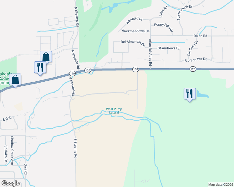 map of restaurants, bars, coffee shops, grocery stores, and more near 10160 Highway 120 in Oakdale