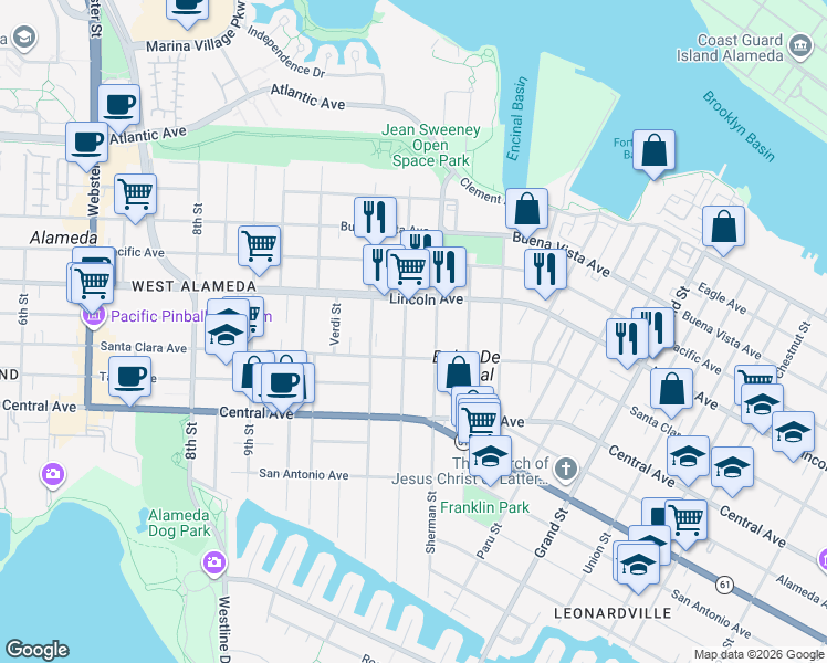map of restaurants, bars, coffee shops, grocery stores, and more near 1557 Sherman Street in Alameda