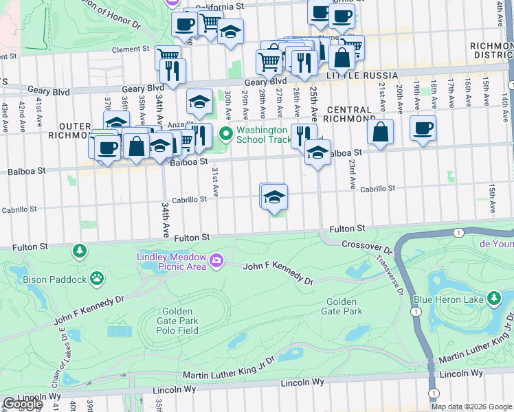 map of restaurants, bars, coffee shops, grocery stores, and more near 2750 Cabrillo Street in San Francisco