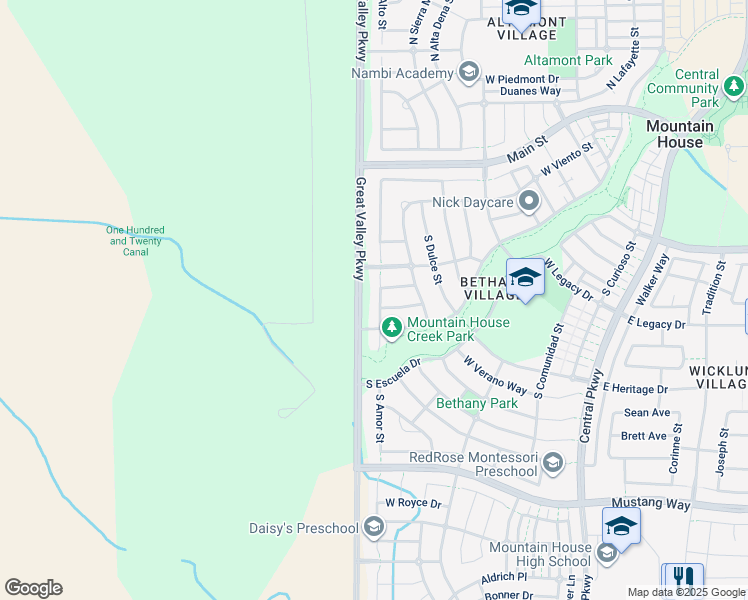 map of restaurants, bars, coffee shops, grocery stores, and more near 379 South Amable Street in Mountain House