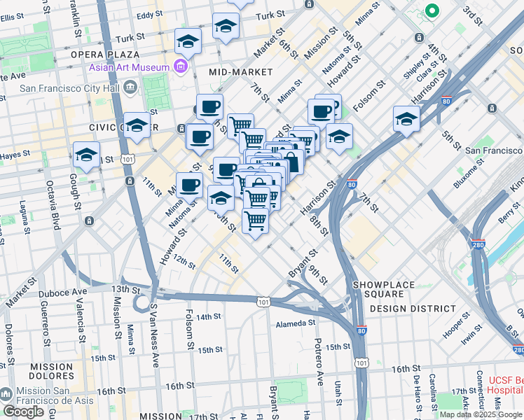 map of restaurants, bars, coffee shops, grocery stores, and more near 1222 Harrison Street in San Francisco
