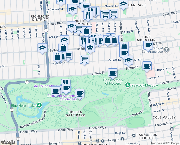 map of restaurants, bars, coffee shops, grocery stores, and more near 3032 Fulton Street in San Francisco