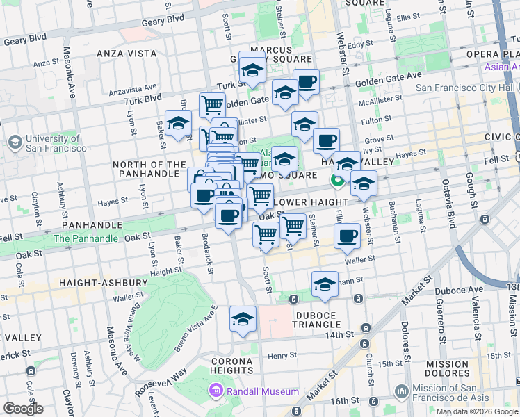 map of restaurants, bars, coffee shops, grocery stores, and more near 430 Scott Street in San Francisco