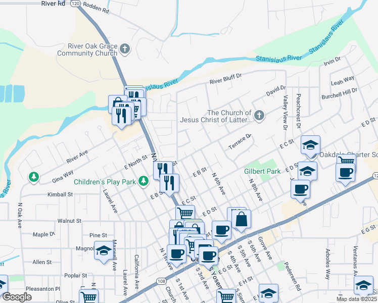 map of restaurants, bars, coffee shops, grocery stores, and more near 723 Old Stockton Road in Oakdale